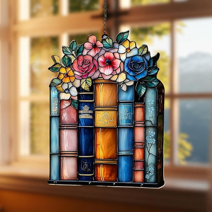 Floral Books Acrylic Suncatcher, Book Suncatchers for Window Hangings, Bookish Gifts for Readers Book Lovers Bookworm, Gift for Mother's Day, Women, Mom, Wife, Grandma