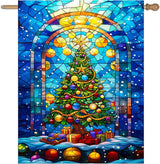 Stained Glass Christmas Tree Garden Flag Merry Xmas House Flags 28x40 Double Sided Welcome New Year Outdoor Flag Happy Holidays Flag Large Winter Yard Flag for Outside Lawn Decor