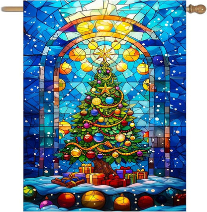 Stained Glass Christmas Tree Garden Flag Merry Xmas House Flags 28x40 Double Sided Welcome New Year Outdoor Flag Happy Holidays Flag Large Winter Yard Flag for Outside Lawn Decor