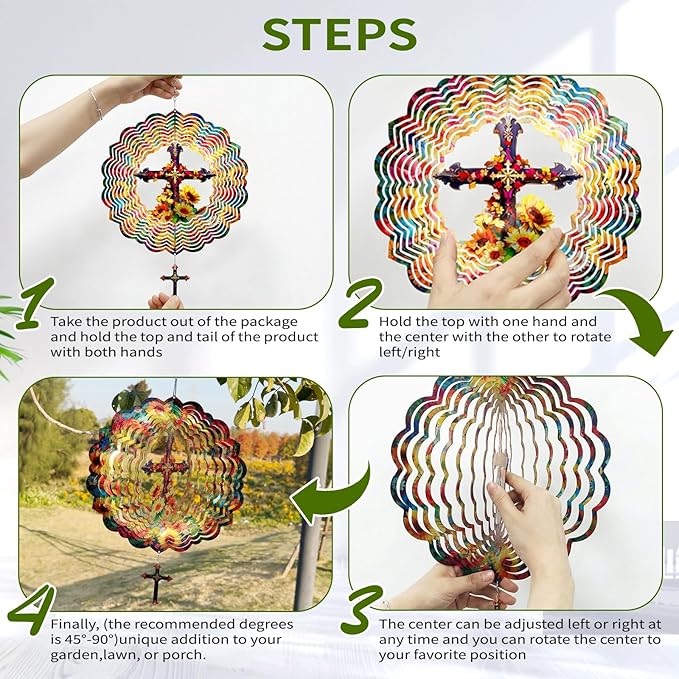 Cross Wind Spinners Outdoor Hanging - 12 Inch 3D Cross & Sunflower Kinetic Art for Yard Patio Ornament Garden Decorations, Christian Gifts for Women Mother's Day Birthday