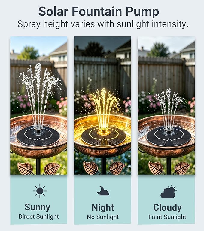 6.3" D Solar Fountain with Battery Backup, 9V/2W Solar Fountain Pump with LED Lights, 5 Nozzles Bird Bath Fountain, Floating Solar Water Fountain for Garden, Pond, Patio