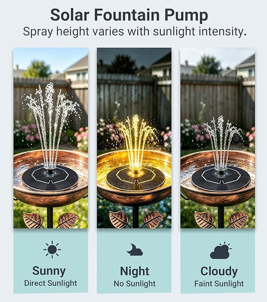 6.3" D Solar Fountain with Battery Backup, 9V/2W Solar Fountain Pump with LED Lights, 5 Nozzles Bird Bath Fountain, Floating Solar Water Fountain for Garden, Pond, Patio