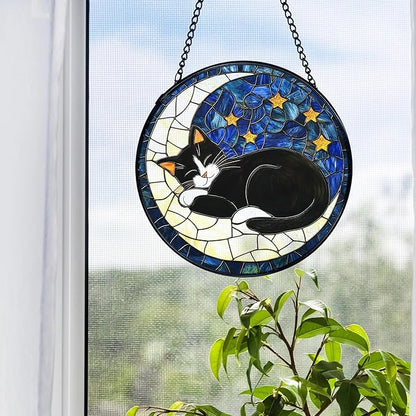 Black Cat Moon Stained Glass Window Hanging, Celestial Black Cat Sun Catchers Indoor Window Round Glass Wall Art Decor, Moon and Stars Suncatcher Wall Hanging Decorations, Lawn Care