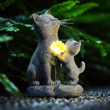 Solar Cat Garden Statue Outdoor Decor - Mother & Kitten Figurines with Flower LED Light, Outside Yard Art Patio Balcony Lawn Ornament, Unique Gifts for Cat Lover