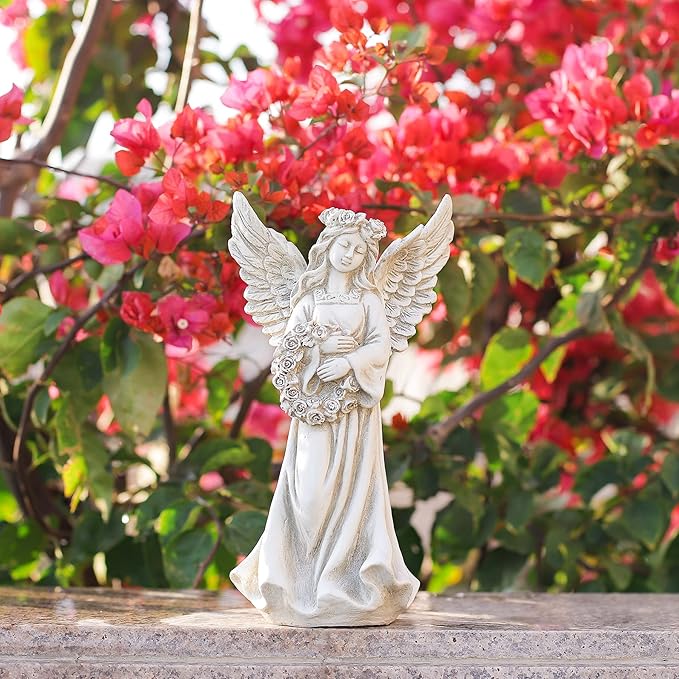Angel Garden Statue Holding a Floral Wreath, Memorial Figurine for Patio, Lawn, Yard, Sympathy Gift Cemetery Grave, Ployresin 11.8 inch