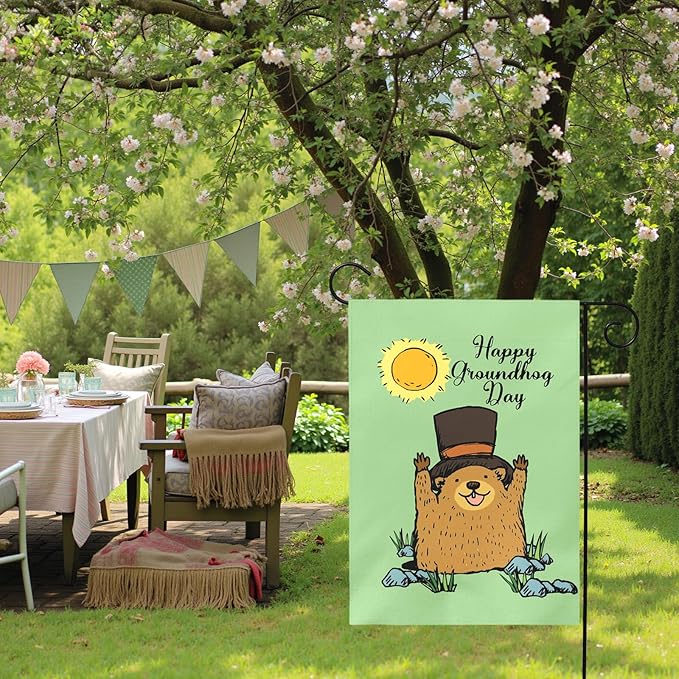 Happy Groundhog Day Garden Flag 12x18 Inch Double Sided Cute Groundhog with Top Hat and Sunshine Design Spring Outdoor Yard Flags Funny Holiday Porch Lawn Durable Banner for Home Garden Décor