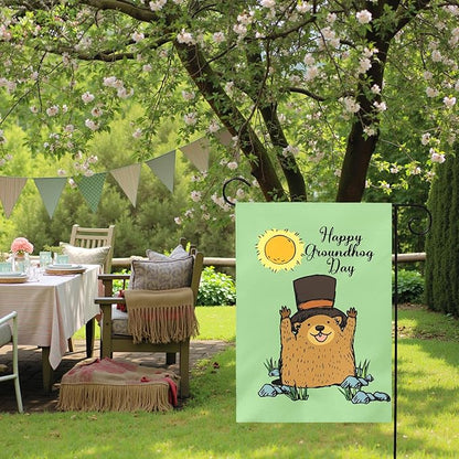 Happy Groundhog Day Garden Flag 12x18 Inch Double Sided Cute Groundhog with Top Hat and Sunshine Design Spring Outdoor Yard Flags Funny Holiday Porch Lawn Durable Banner for Home Garden Décor