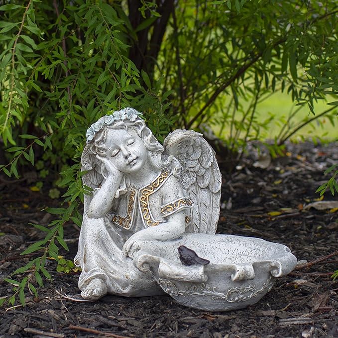 12.25" Sitting Angel Bird Feeder Outdoor Garden Statue
