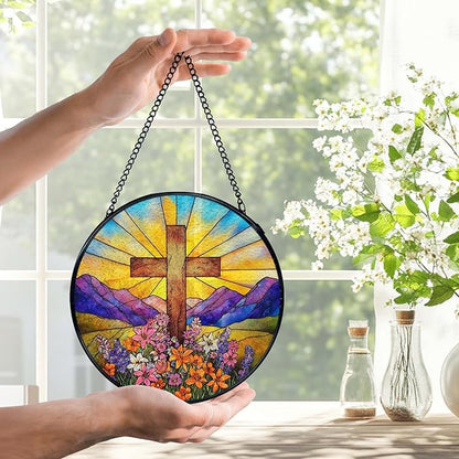 Cross Flower Suncatchers Stained Glass Window Hanging, Easter Christian Wildflower Landscape Sun Catchers Indoor Window Glass Round Wall Decor, 7.9x7.9in