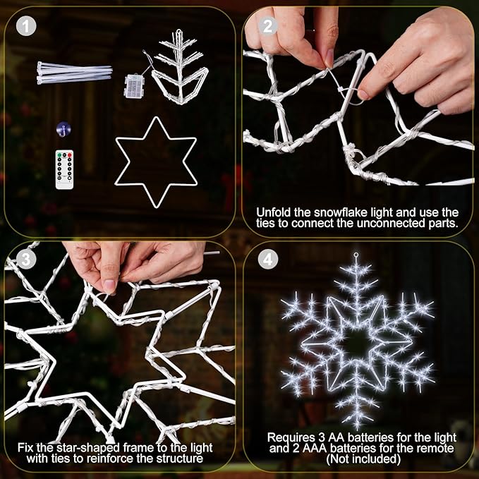 Tuanse 24" Folding Christmas Snowflake Lights with Remote Control 150 LED Outdoor Hanging Light up Snowflakes Decor for Xmas Tree Window Yard Garden Porch Party Decoration (White)
