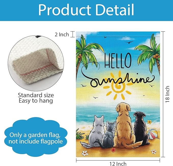Summer Garden Flag Hello Sunshine Dog Cats Beach Double Sided Burlap 12x18 Inche for Porch Lawn Yard Outdoor and Home Decor