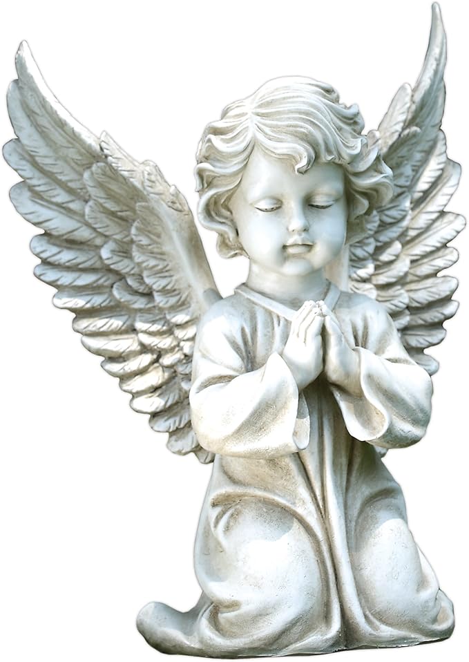 Napco Imports Kneeling, Praying Angel Child Concrete Look 11.75 x 15 Resin Garden Figurine