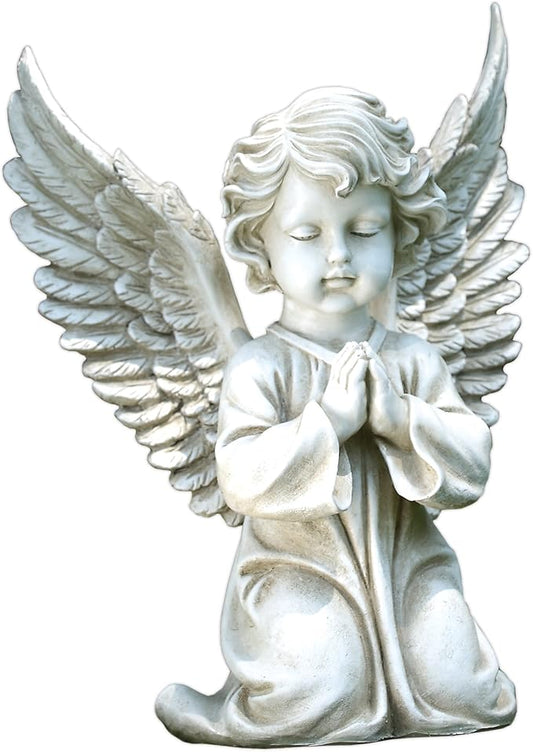 Napco Imports Kneeling, Praying Angel Child Concrete Look 11.75 x 15 Resin Garden Figurine