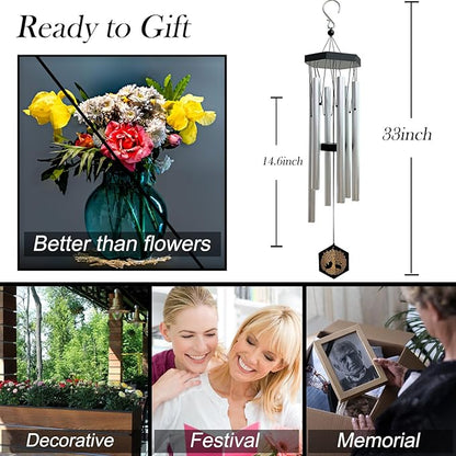 33" Tree of Life Memorial Wind Chimes | Elegant Silver Sympathy Wind Chime for Loss of Loved One, Tranquil Deep-Tone Windchimes, Outdoor Hanging Garden Decor