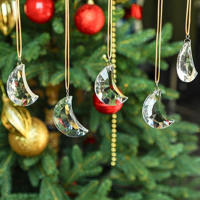 Set of 6 Crystal Glass Hanging Ornaments Clear Faceted Crystal Moon Prisms Ornaments for Window Home Car Wedding Party Decor