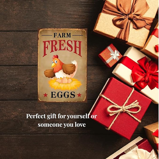 Funny Chicken Sign, Metal Chicken Coop Tin Signs, Farm Fresh Eggs Smile Chicken, Yard Sign Garage Farm Garden Wall Decor Sign Plaque Outdoor for Home Fence 8 X 12 Inches