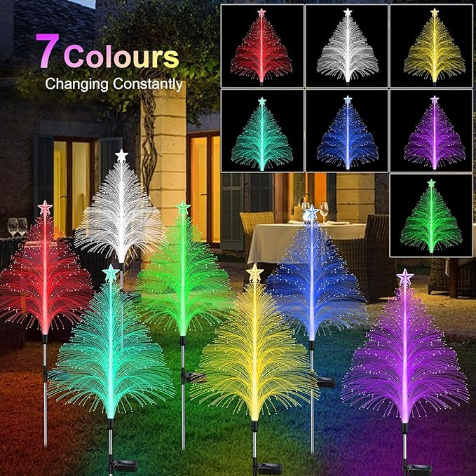 MRHEPHAESTUS Solar Christmas Decorations, 4 Pack 38.5 Inch 7 Color Changing Jellyfish Lights with 5 Layer Optical Fiber Solar Flower Lights for Outdoor Xmas Yard Garden Pathway Decor