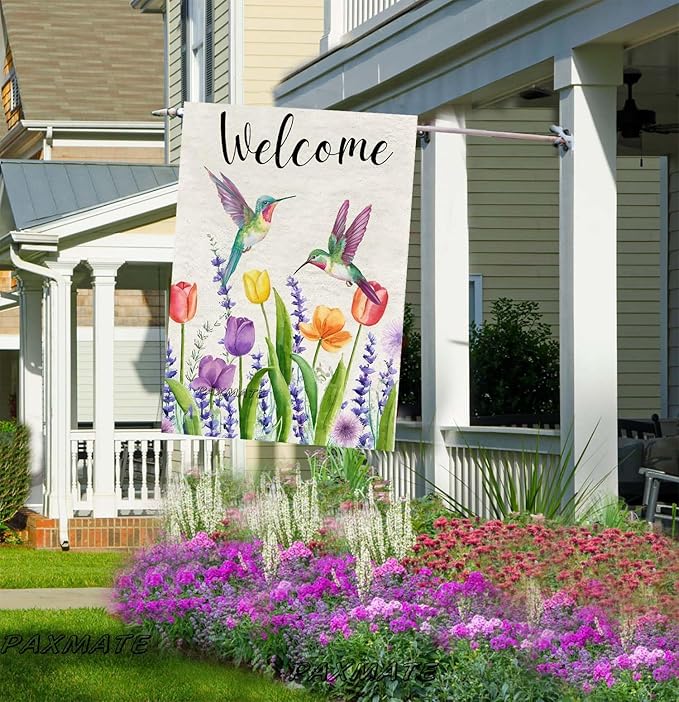 Welcome Hummingbird Spring Flowers House Flag Large Burlap 28x40 Inch Double Sided Outside Yard Holiday Outdoor Farmhouse Decoration