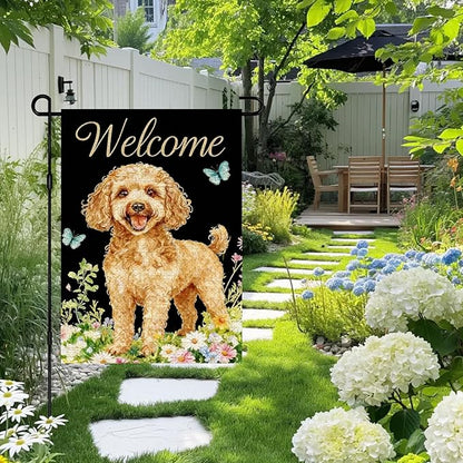 IVN Summer Poodle Dog Garden Flag 12x18 Inch Welcome Poodle Butterflies Wildflowers Double Sided Yard House Flag Seasonal Outdoor Decoration for Outside Home Front Door Lawn Porch Patio Spring Decor