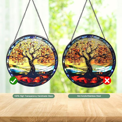 Tree of Life Stained Glass Window Hanging Suncatcher with Chain - 7.9" Outdoor/Indoor Art Decor for Home Garden, Wedding, Mother's, Thanksgiving, Valentine's & Christmas Ornaments Present