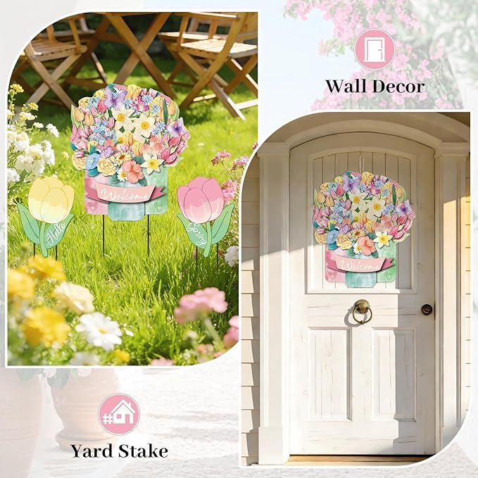 3Pcs Hello Spring Welcome Flower Yard Stakes Metal Floral Outdoor Decor, 2-in-1 Decorative Tulip Flower Sign for Garden Patio Yard Wall Hanging Floral Ornaments with Rope Rustic Spring Decor