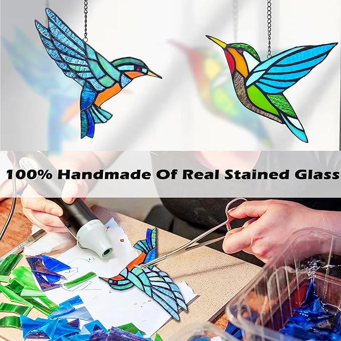 2 Packs Hummingbird Stained Glass Window,Real Handmade Stained Glass Window Hanging,Hummingbird Ornament,Suncatchers Decor for Women Mom Grandma Bird Lovers