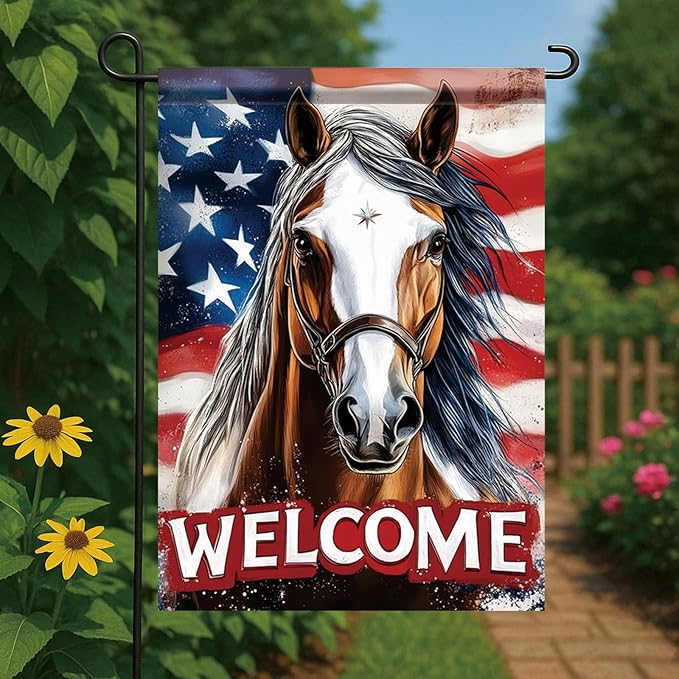 Spring Summer Garden Flag 12x18 Inch Patriotic Horse Welcome American Outdoor Western Farm Animal Design Outdoor Yard Porch Lawn for Seasonal Americana Country Home Decor