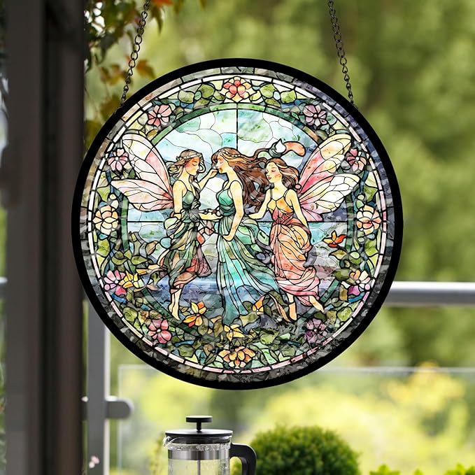 Flower Fairies Stained Glass Window Hanging, Flower Fairy in Wonderland Sun Catcher Spring Summer Garden Decor Gift for Girls, Mom, Grandma (C, 8"/20cm)