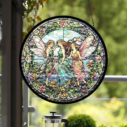 Flower Fairies Stained Glass Window Hanging, Flower Fairy in Wonderland Sun Catcher Spring Summer Garden Decor Gift for Girls, Mom, Grandma (C, 8"/20cm)