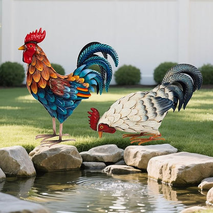 Shorayn Metal Rooster Statues, Outdoor Garden Metal Chicken Decor, Garden Sculptures Chicken Ornaments Yard Art for Backyard Patio Lawn Decorations, Set of 2