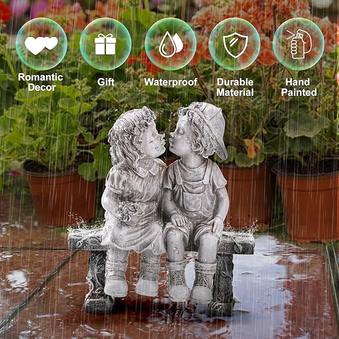 Lily's Home First Kiss Resin Garden Statue, Little Girl and Boy Kissing Yard Miniature Figurine,Small and Exquisite, 8 ¼ Inch