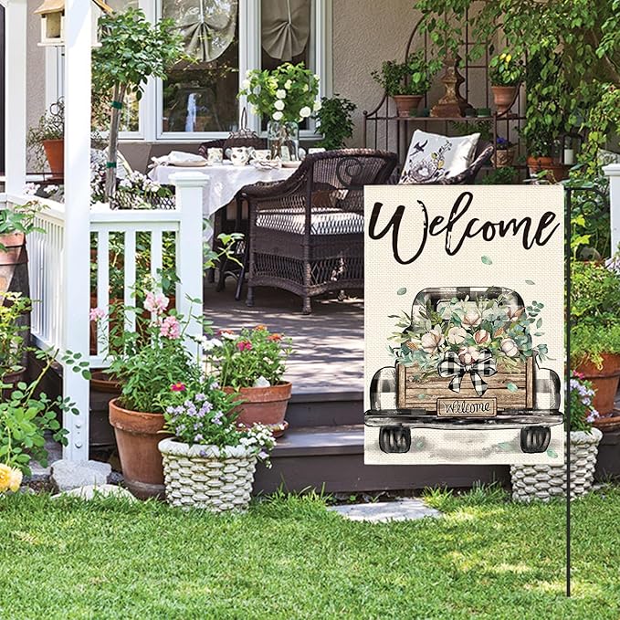 AVOIN colorlife Welcome Spring Truck Garden Flag 12x18 Inch Double Sided, Cotton Rustic Buffalo Plaid Yard Outdoor Flag