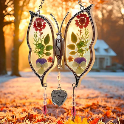 KY&BOSAM Metal Clip Glass Butterfly Suncatcher with I Love You Nana Engraved Tag Real Preserved Dried Flower Window Hanging Ornament Garden Home Wall Decor Mother's Day Birthday Gift for Mom Nana