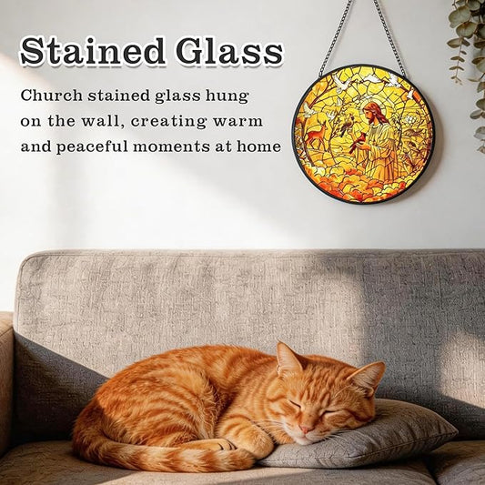 Stained Glass Window Hanging - Religious Easter Decorations with Priest & Red Bird Design - Christian Gifts, Sun Catchers Indoor Window, Catholic Wall Decor for Home, Church, Office