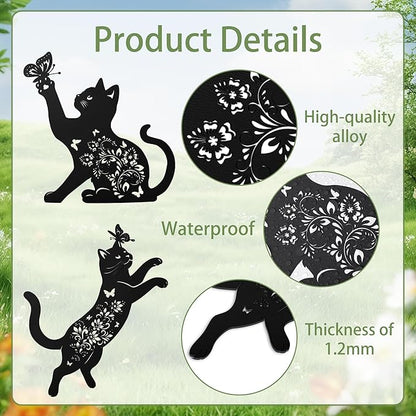 Cat Decorative Garden Stakes, 3 Pcs Cat Lover Gifts for Women Men Metal Garden Stakes, Butterfly Floral Silhouette Outdoor Yard Art Lawn Decor