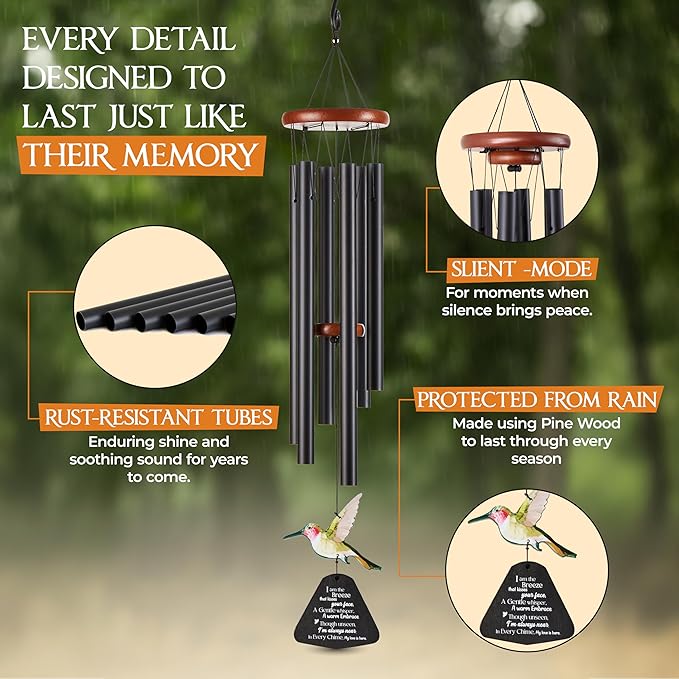 32 Inch Hummingbird Memorial Wind Chimes Outdoor, Sympathy Gifts for Loss of Loved One, Memorial Gifts for Loss of Mom, Sympathy Wind Chimes for Mother, Father, Brother, Sister