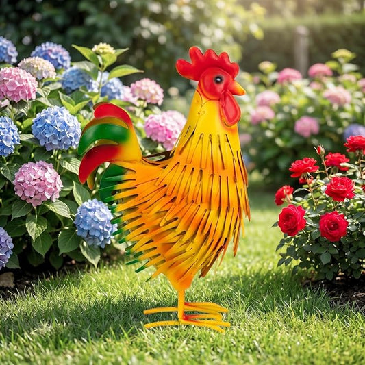 Metal Rooster Decor Statue, Colorful Farmhouse Chicken Figurine for Indoor Tabletop, Shelf Kitchen Display, Rustic Garden & Patio Accent, Unique Gift for Women Mom