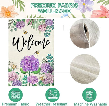 Baccessor Spring Hydrangea House Flag Double Sided 28x40 Inch, Purple Flower Floral Welcome House Flag Burlap Seasonal Farmhouse Yard Outdoor Decoration (Large)