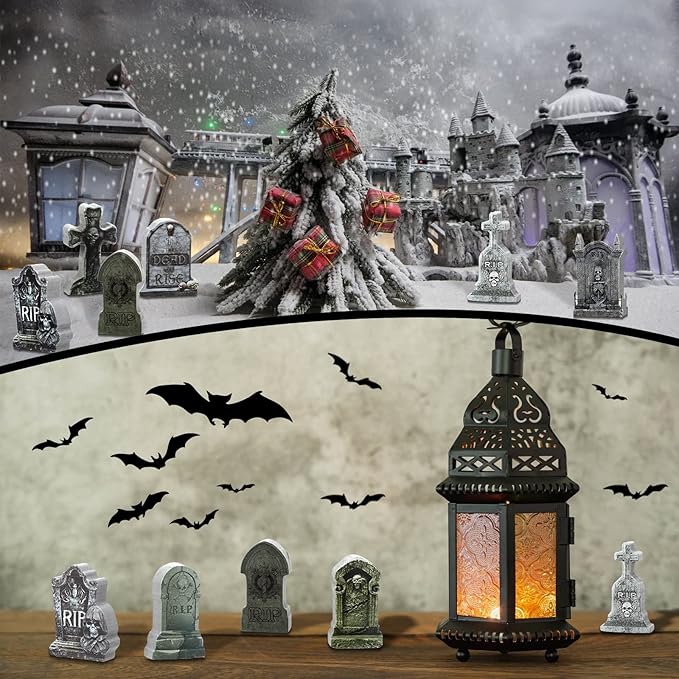 Kathfly 9 Pieces Miniature Tombstones Mini Village Tombstones Figurines Miniature Spooky Town for DIY Crafts Outdoor Home Garden Halloween Decor