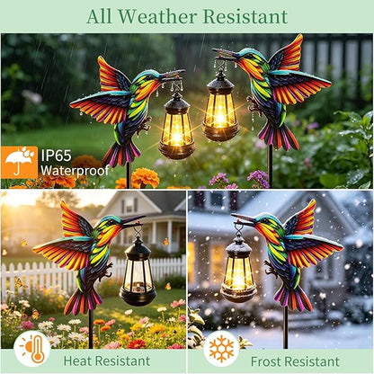 2 Pack Solar Lights Outdoor Waterproof Hummingbird Decorative, 31in Metal Hummingbird Garden Stakes with Solar Lanterns for Yard Art Outside Patio Porch Lawn, Gifts for Women Mom Grandma Mother's Day