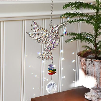 Hanging Silver Hummingbird Suncatcher, Crystal Hummingbird Suncatcher with Rainbow Prisms, Bird Decoration, Home Decoration, Birthday Gift