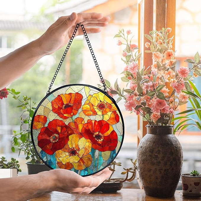 Poppy Flower Suncatcher Stained Glass Window Hanging, Poppy Flower Gifts Sun Catchers Indoor Window Glass Wall Art Decor, Floral Wall Hanging Decor Decorations, 7.9x7.9 Inch 032-MH-BLGH