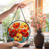 Poppy Flower Suncatcher Stained Glass Window Hanging, Poppy Flower Gifts Sun Catchers Indoor Window Glass Wall Art Decor, Floral Wall Hanging Decor Decorations, 7.9x7.9 Inch 032-MH-BLGH