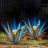 TOMBABY Solar Rustic Garden Style Metal Agave Plants Outdoor Patio, Home Decor Hand-Painted Metal Agave Garden Patio Statues, Suitable for Desert Areas, Outdoor Lawn Decorations (2 Solar Blue)