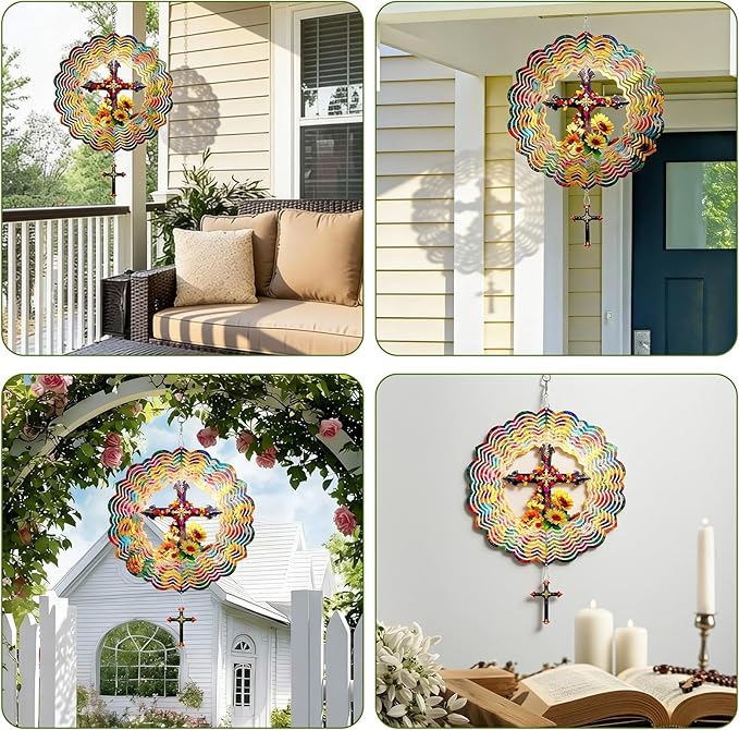 Cross Wind Spinners Outdoor Hanging - 12 Inch 3D Cross & Sunflower Kinetic Art for Yard Patio Ornament Garden Decorations, Christian Gifts for Women Mother's Day Birthday