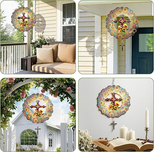 Cross Wind Spinners Outdoor Hanging - 12 Inch 3D Cross & Sunflower Kinetic Art for Yard Patio Ornament Garden Decorations, Christian Gifts for Women Mother's Day Birthday