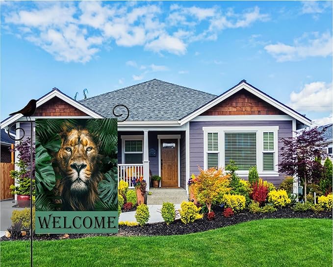 Mugod Lion Garden Flag 12.5x18" Double Sided for Outside, Jungle Animal Tropical Leaves Burlap Small Seasonal Yard Flag for Outdoor Decor