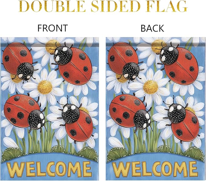 Spring Summer Garden Flag 12x18 Inch Ladybug Welcome Daisy Floral Design Outdoor Yard Porch Lawn Garden for Seasonal Farmhouse Country Home Decor