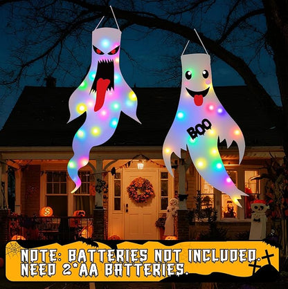 Halloween Decorations Outdoor Indoor, 2 Pack Light Up Ghost Decorations with LED Lights, Hanging Ghost Halloween Decor for Yard Porch Garden Lawn Party (1A-2Pack)