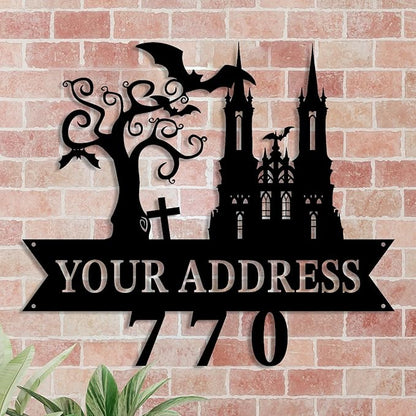 Personalized Gothic House Number metal Signs,Custom Address Number Metal Wall Art Decor,Black Plaques Outdoor wall Decorative Signage,Shed(8-30 Inches) (Castle C)